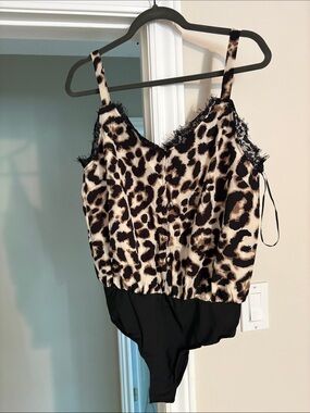 Leopard Print Lace-Trim Cami Bodysuit - Black & Cream